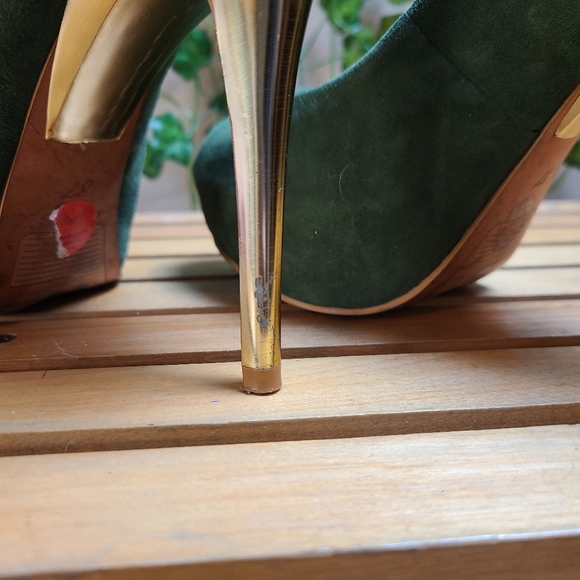 Zara Women's Faux Suede Green Gold Platform Evening Peep Toe Heel - Picture 6 of 16